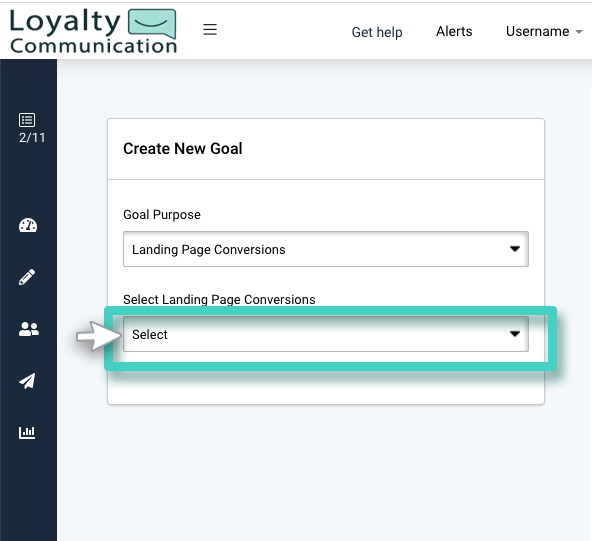 Landing page conversion goals. Select goal purpose. Choose landing page conversions