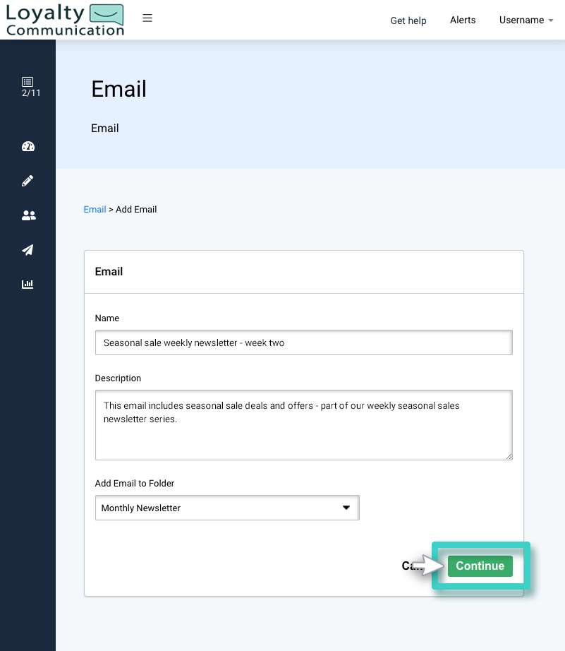 New email campaign, name and describe the email. The continue button is highlighted