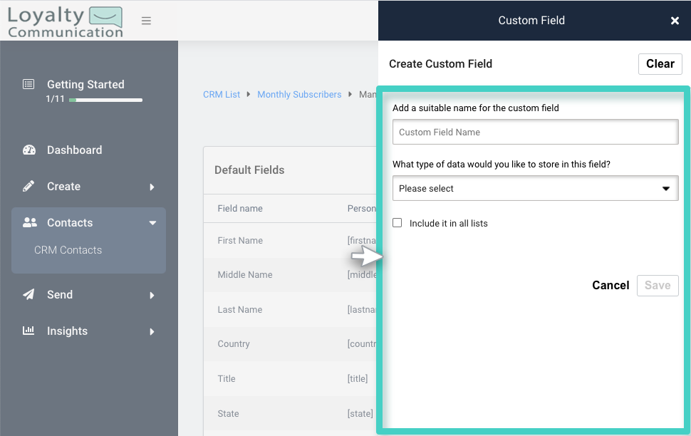 CRM custom fields, create custom field. Name and select data type 