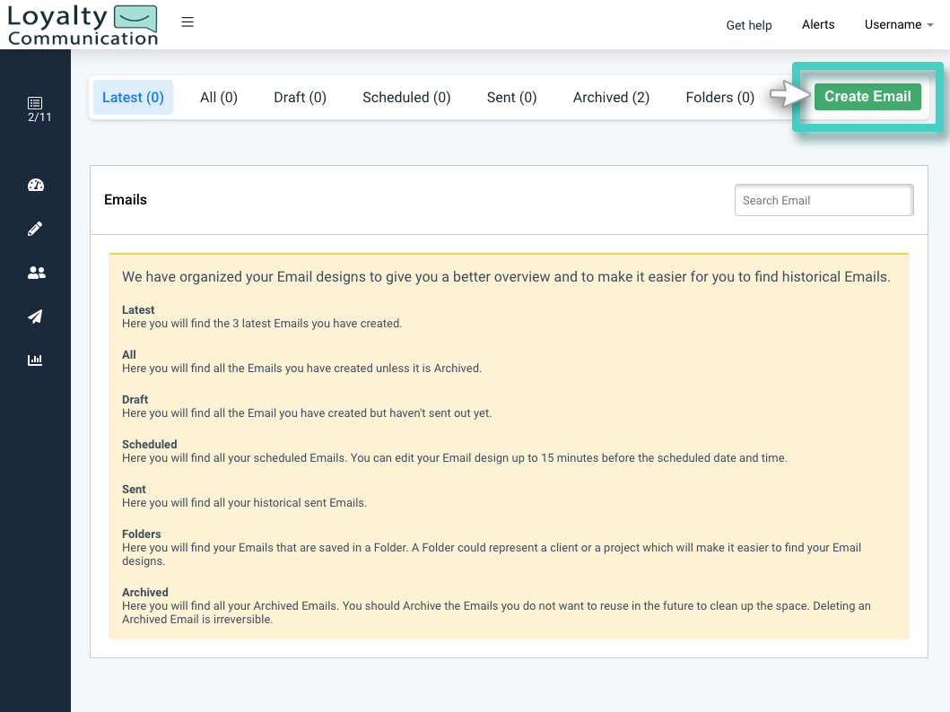 Email campaign, create new email button highlighted
