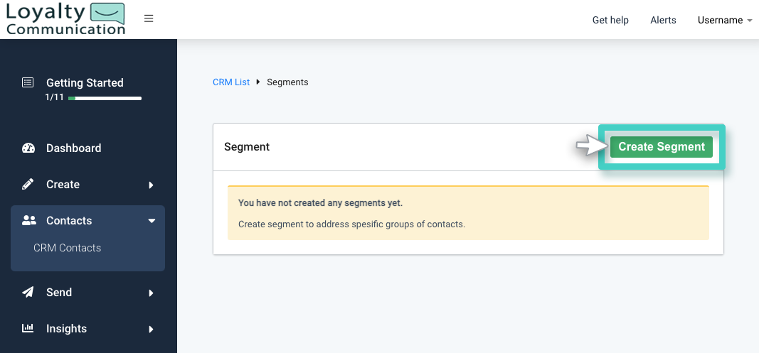 CRM segment. The create segment button is highlighted