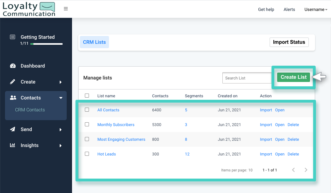 CRM, list overview. Create list button highlighted