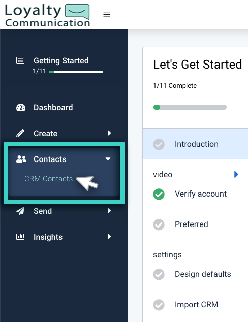 CRM import, contacts menu. CRM contacts highlighted
