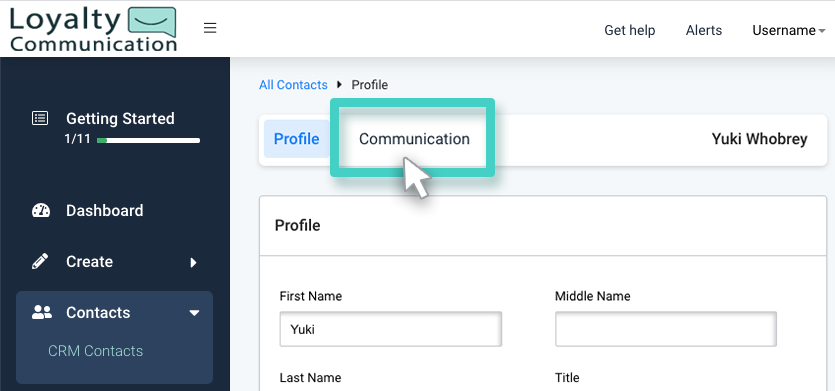 CRM, contact profile. Communication button highlighted