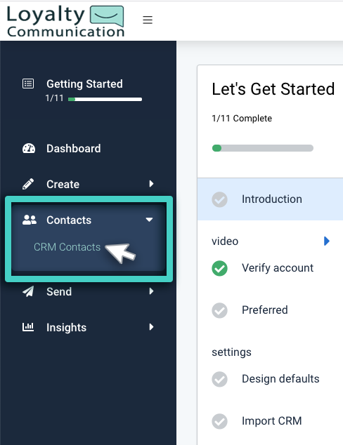 CRM list, contacts menu. CRM contacts highlighted