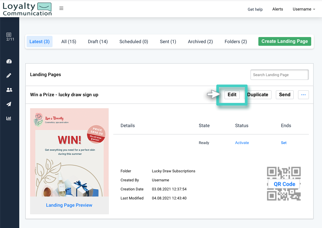 Modify saved landing page, landing page overview. The edit button is highlighted