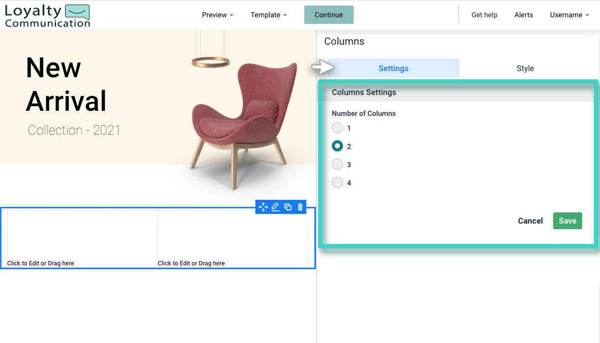 Email creator, columns widget. Choose number of columns