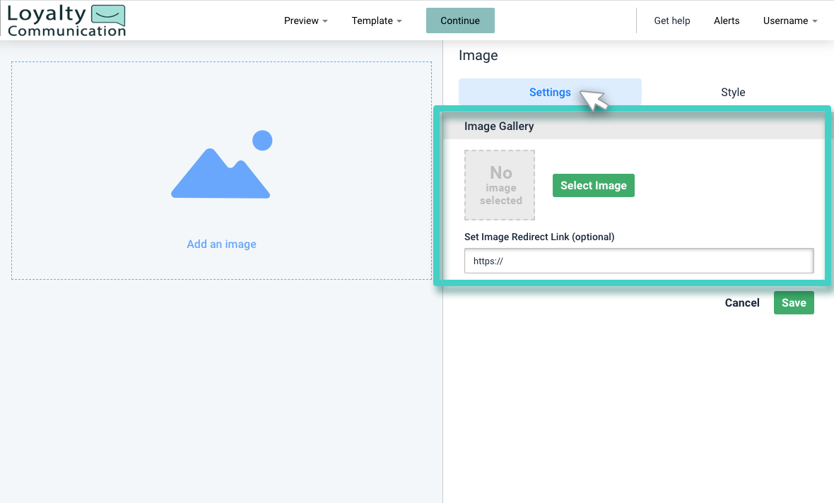 Email creator, image widget. The image widget settings tab is highlighted