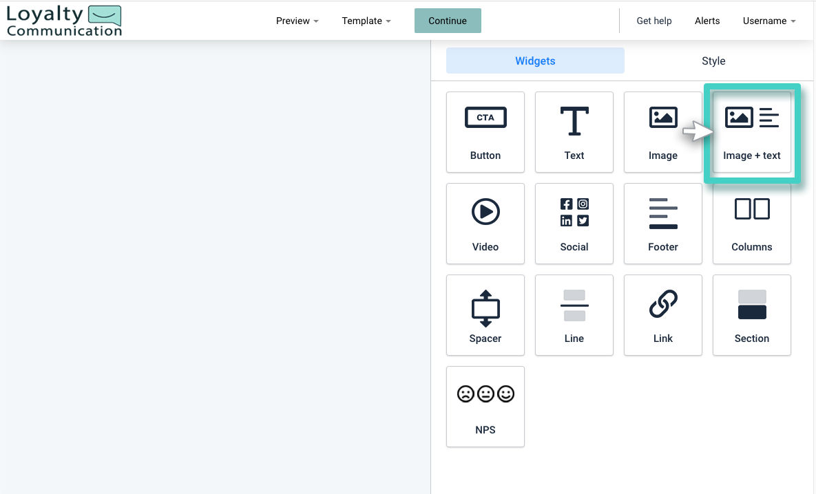 Email creator, the text and image widget is highlighted