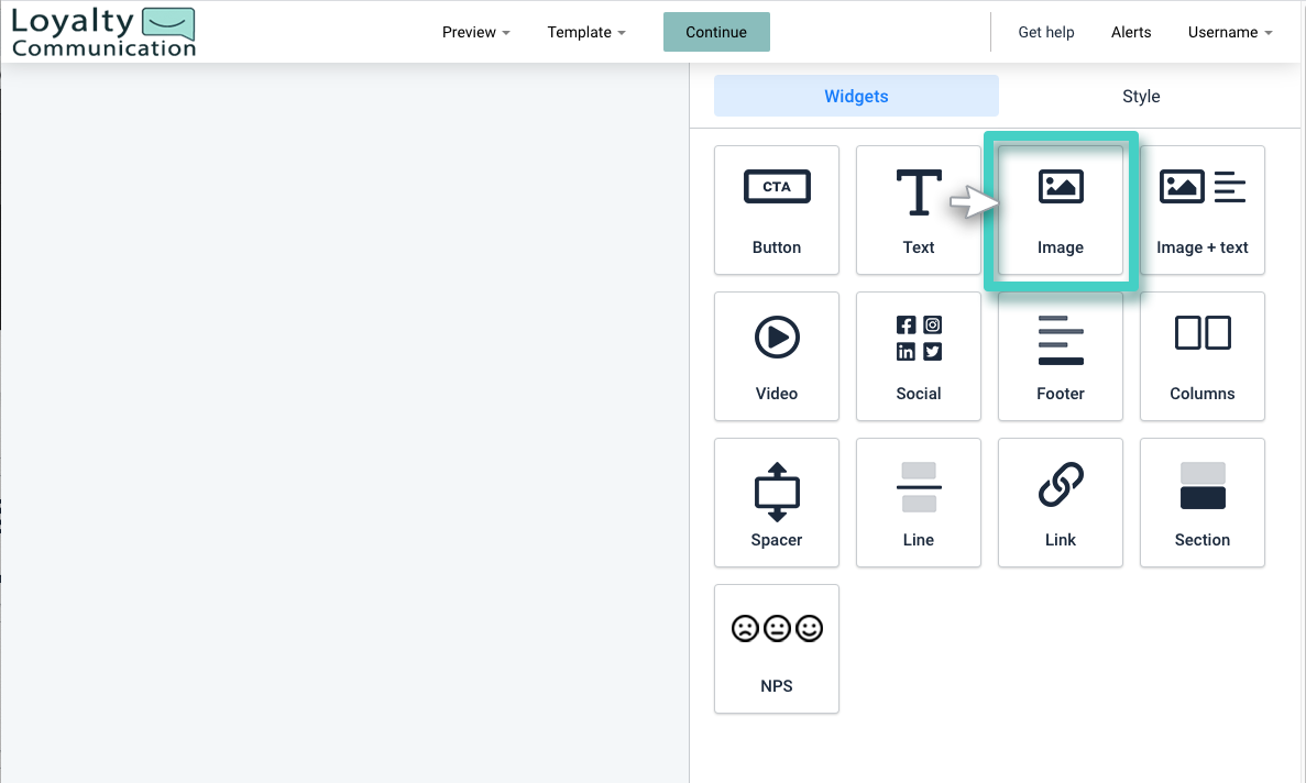 Email creator, the image widget is highlighted