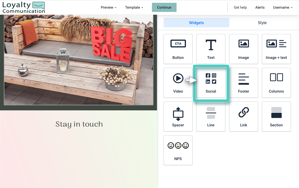 Email creator, the social widget is highlighted