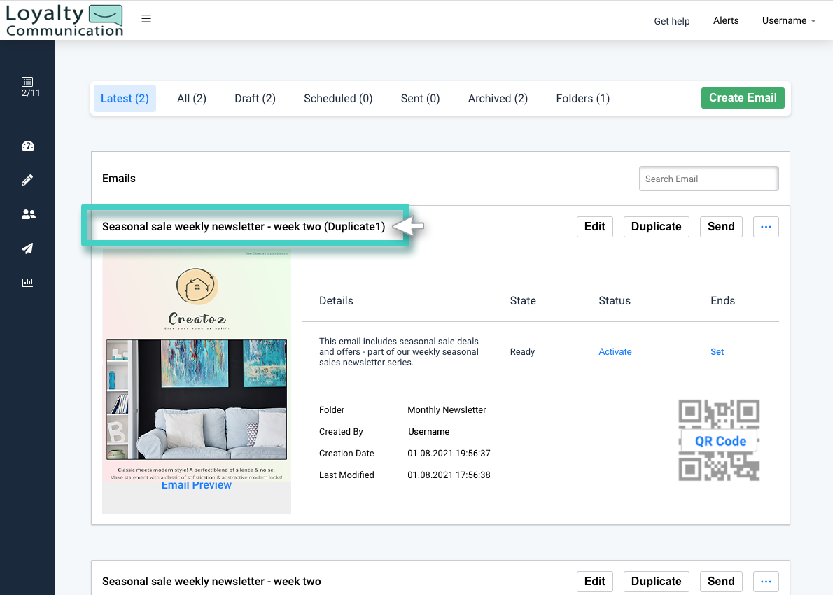 Modify previously saved email campaign. Emails list, the duplicate name is highlighted