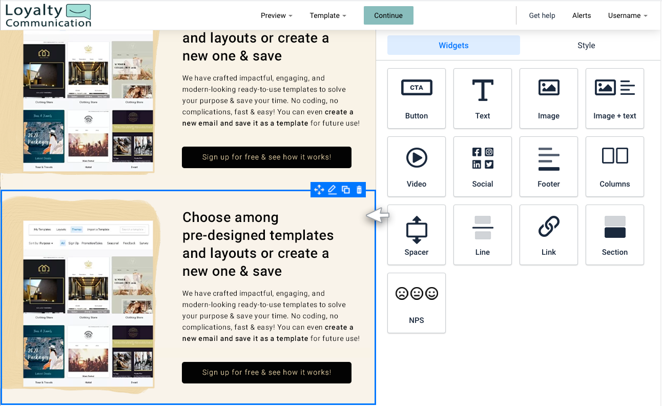 Email creator, section widget. Duplicate section example