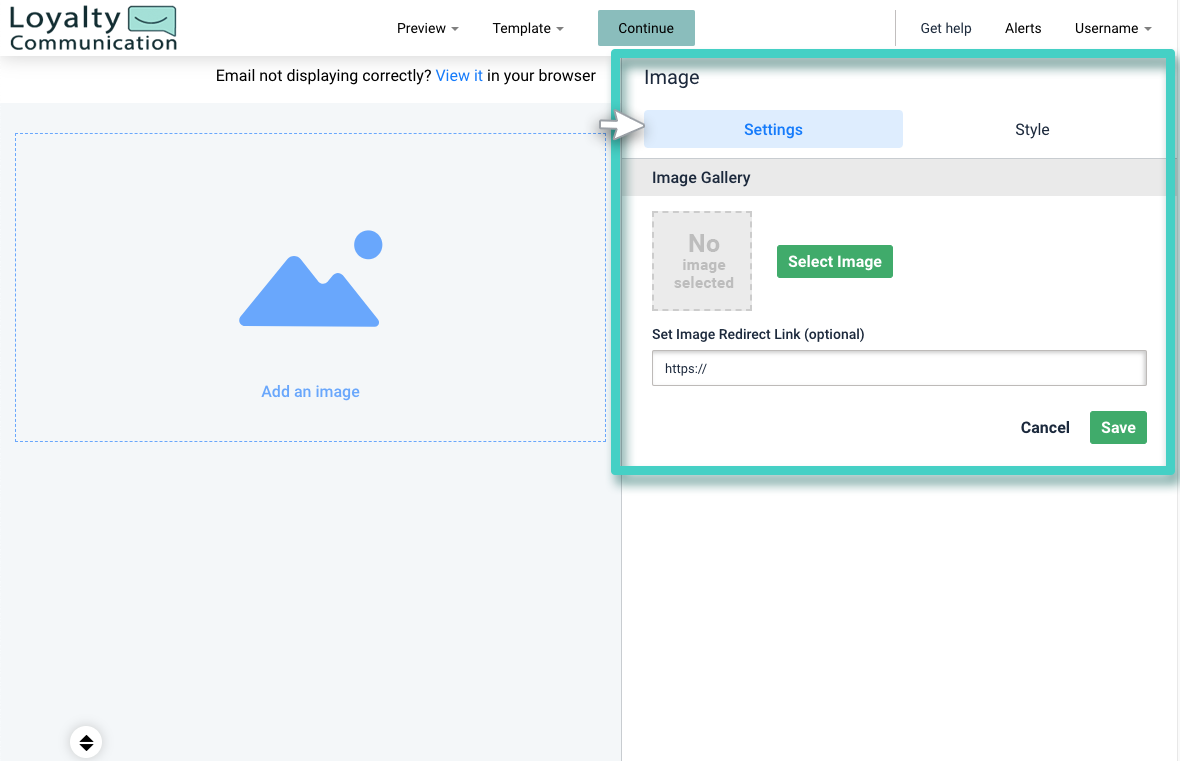 New email campaign, image widget. The style tab is highlighted