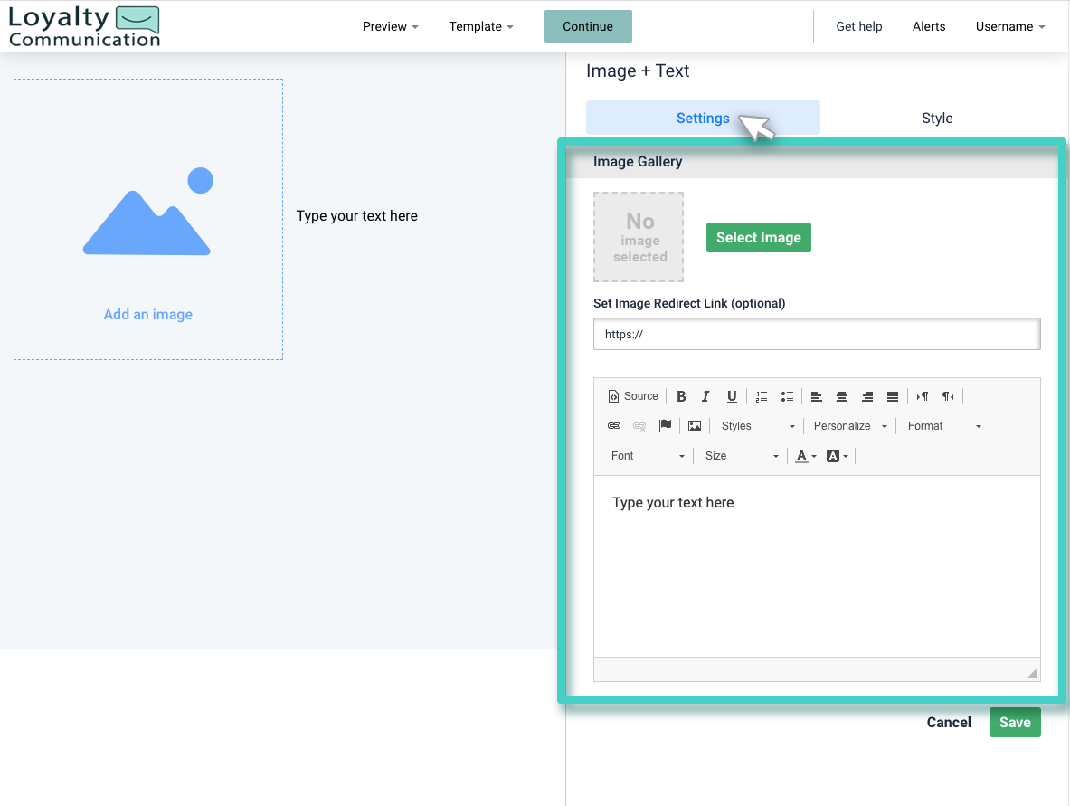 Text and image settings tab is highlighted. Upload image and enter text