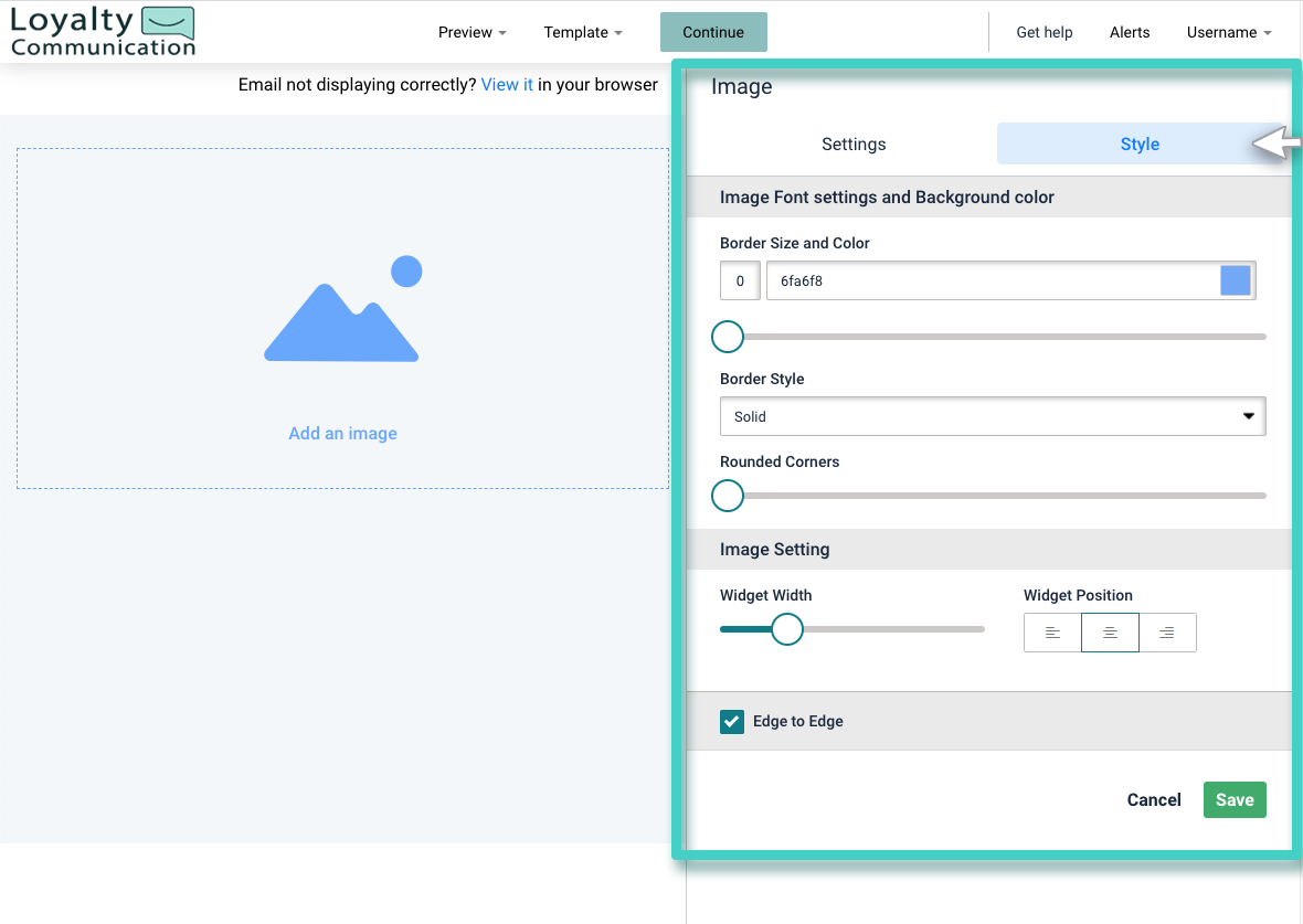 New email campaign, image widget. The settings tab is highlighted