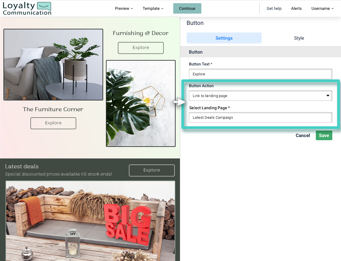 Email button settings. Button action link to landing page. Landing page selected