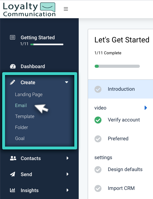 Email campaign manager, menu with the option Email highlighted - 2