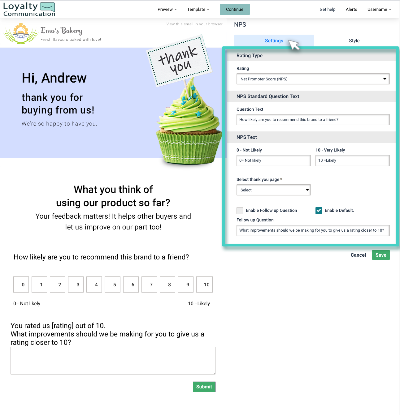 Email creator, NPS widget. The NPS widget settings tab is highlighted