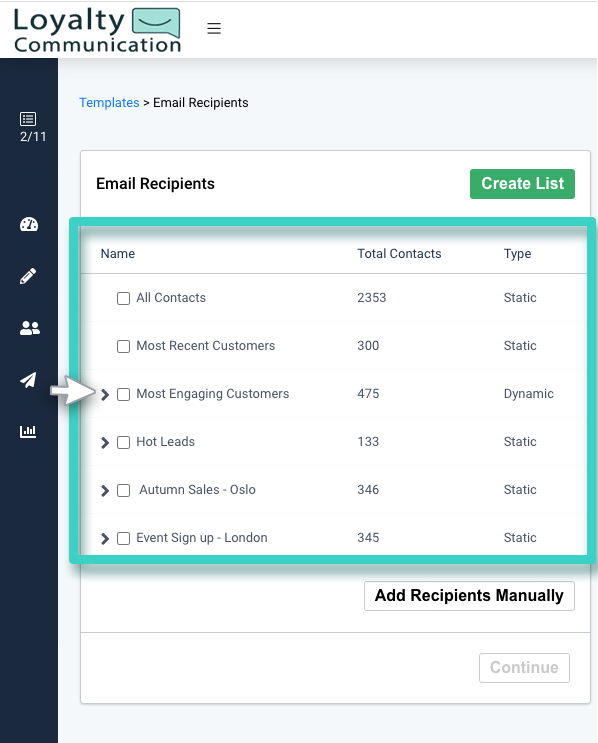 Email campaign, email recipients. Create list or add recipients manually