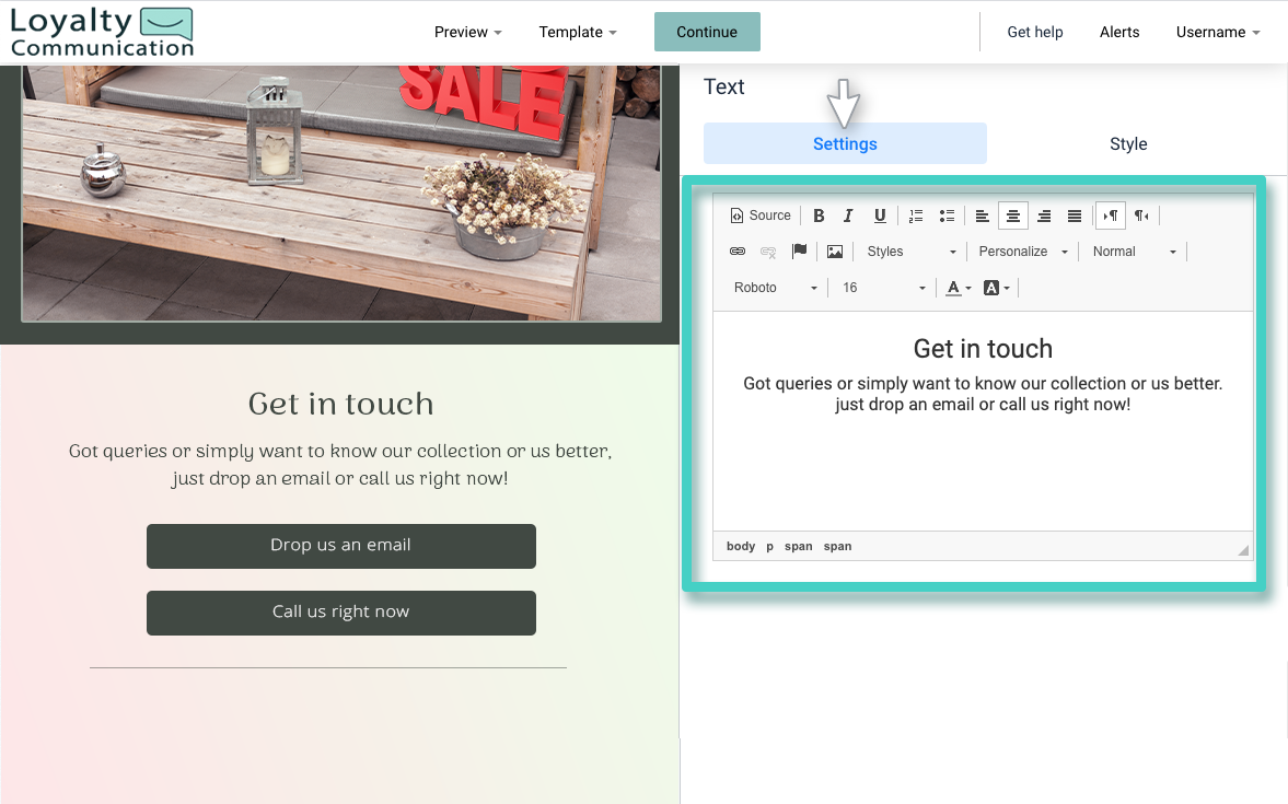Email creator, text widget. The text widget settings tab is highlighted