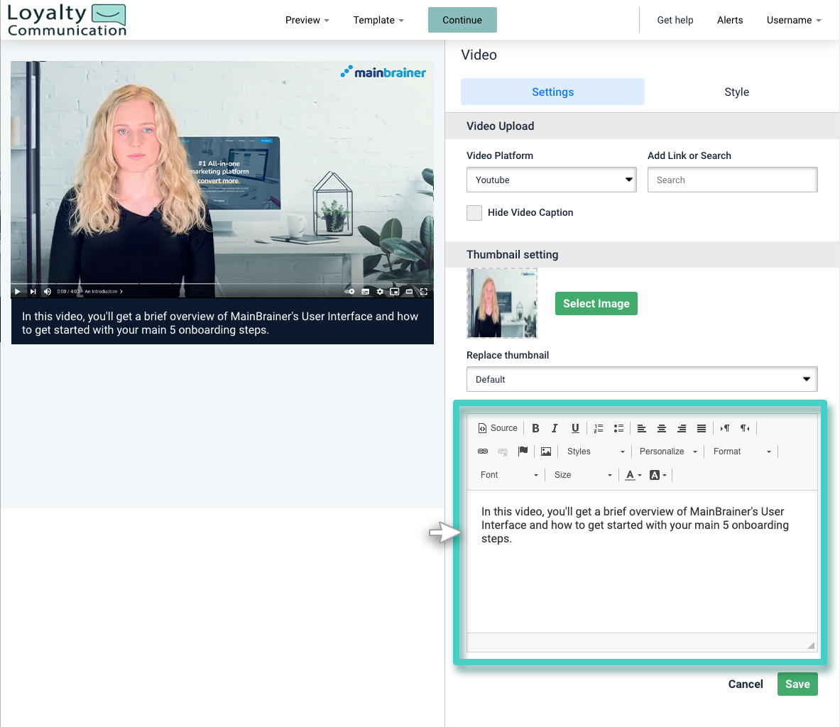 Email video text caption Email creator, video widget. Video captions text editor is highlighted