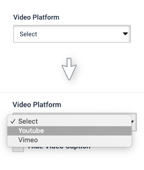 Email video platform youtube Email creator, video widget. Video platform field is highlighted. Youtube is selected