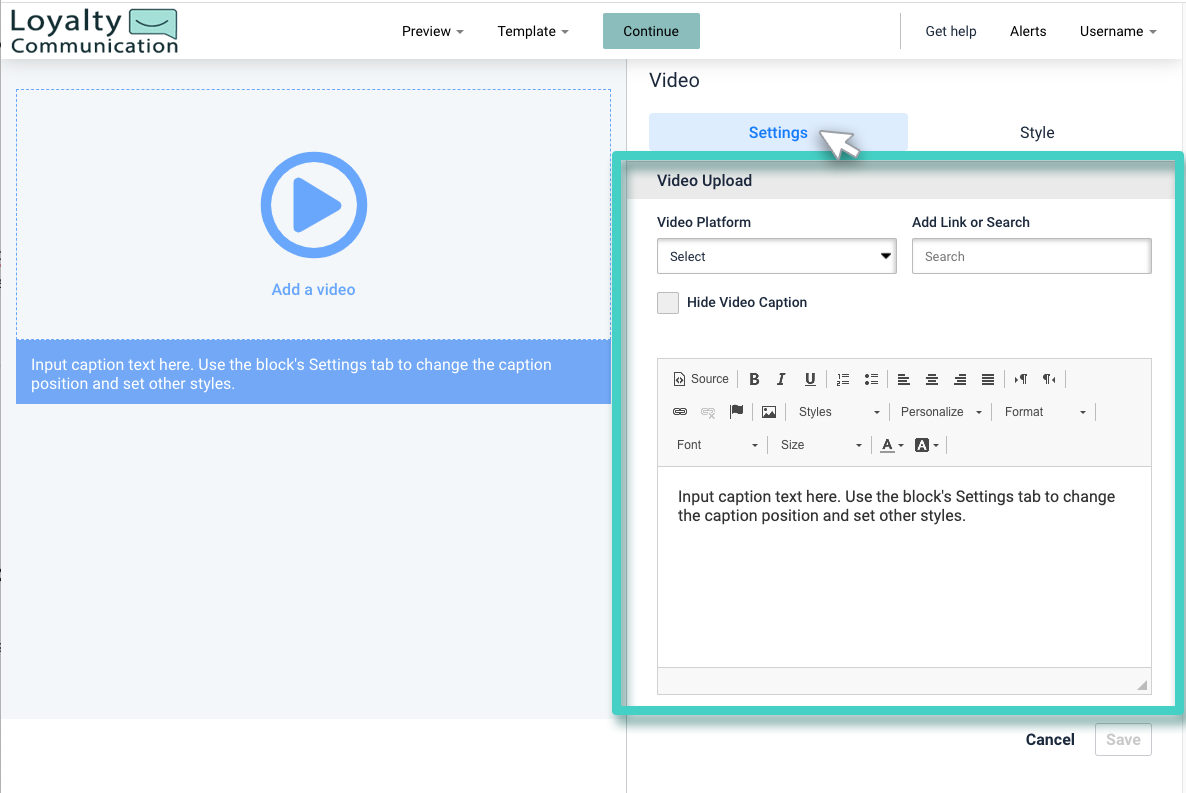Email video settings Email creator, video widget. The video widget settings tab is highlighted