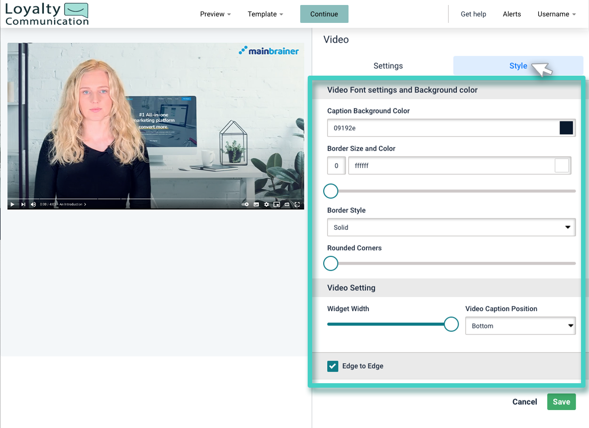 Email video style Email creator, video widget. The video widget style tab is highlighted