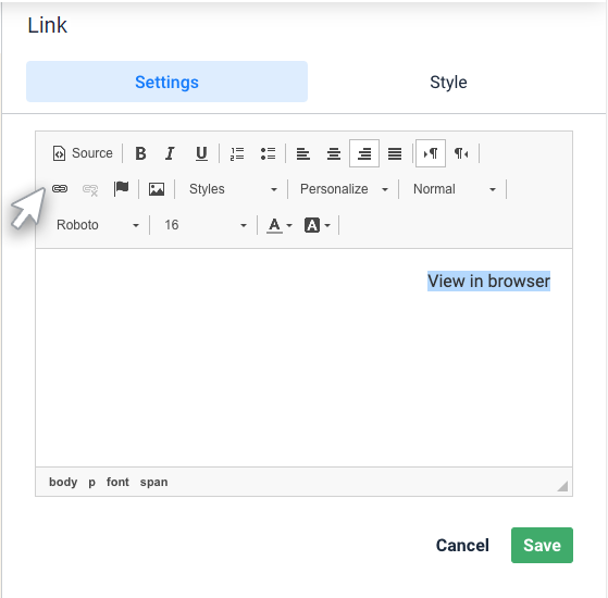 Email creator, link widget settings tab. The desired hyperlink text is marked