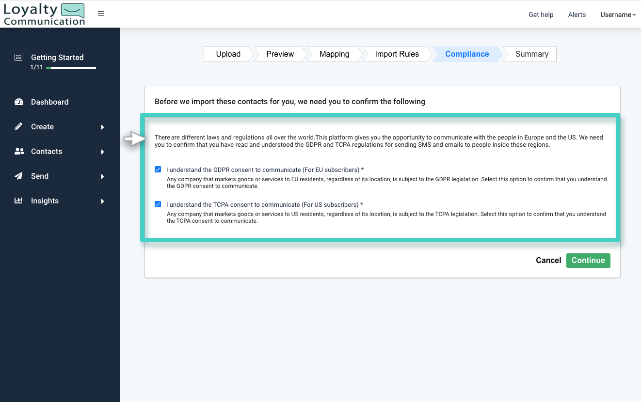 Loyalty Communication CRM import contacts, compliance tab. GDPR consent section is highlighted