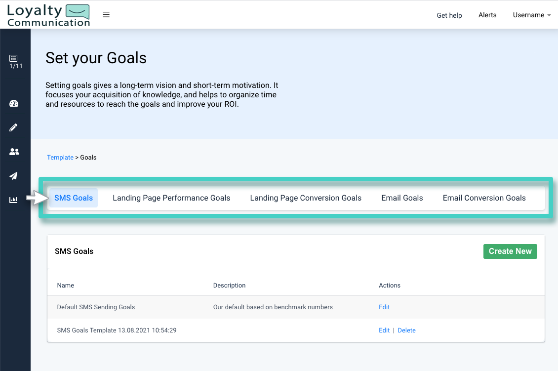Creating campaign goal template. The goal template types bar is highlighted