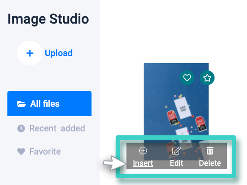 Email creator, image studio.The image actions are insert, edit or delete