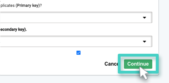 Loyalty Communication CRM import contacts, import rules. The continue button is highlighted