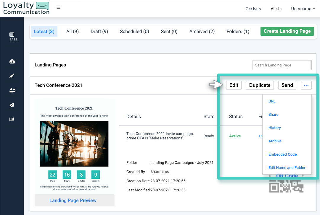 Landing page actions menu Landing page creations. The landing page actions menu is highlighted