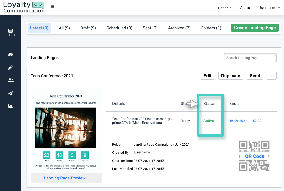 Landing page activation state Landing page creations, landing page activation status is highlighted