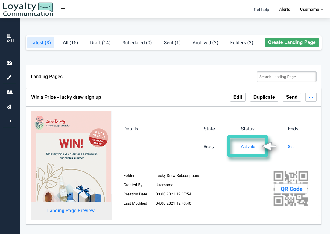 Landing page builder, landing page status. Activate button highlighted