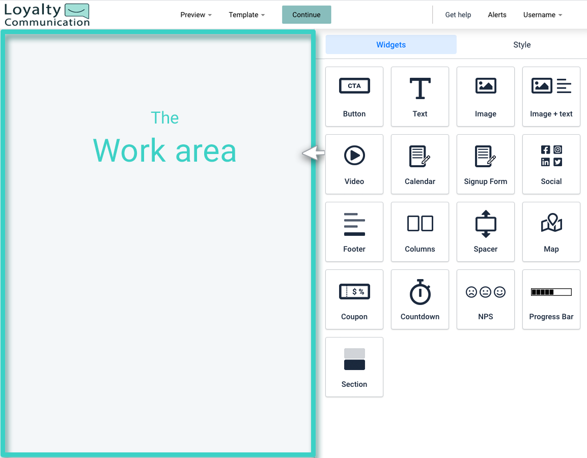 Landing page builder, work area and widgets