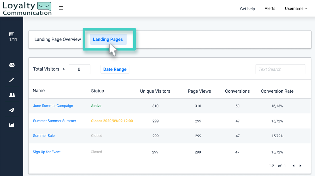 Landing page insights, landing page button highlighted