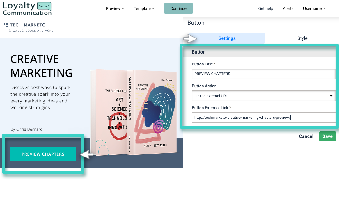 Landing page button settings Landing page builder button settings