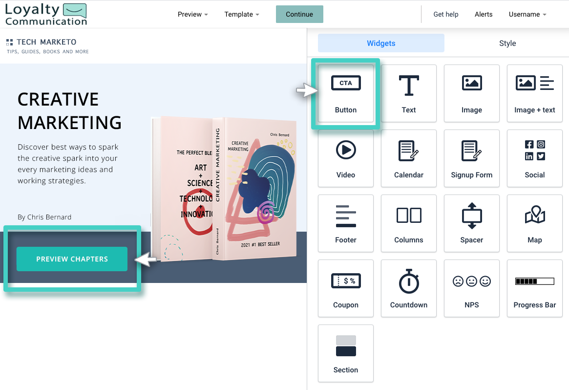 Landing page button widget Landing page builders button widget