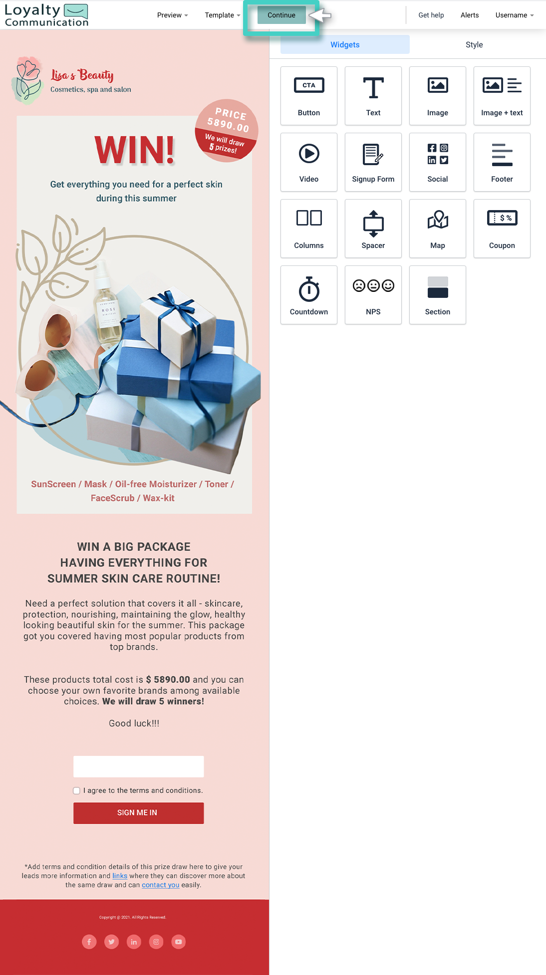 Landing page builder, continue button highlighted