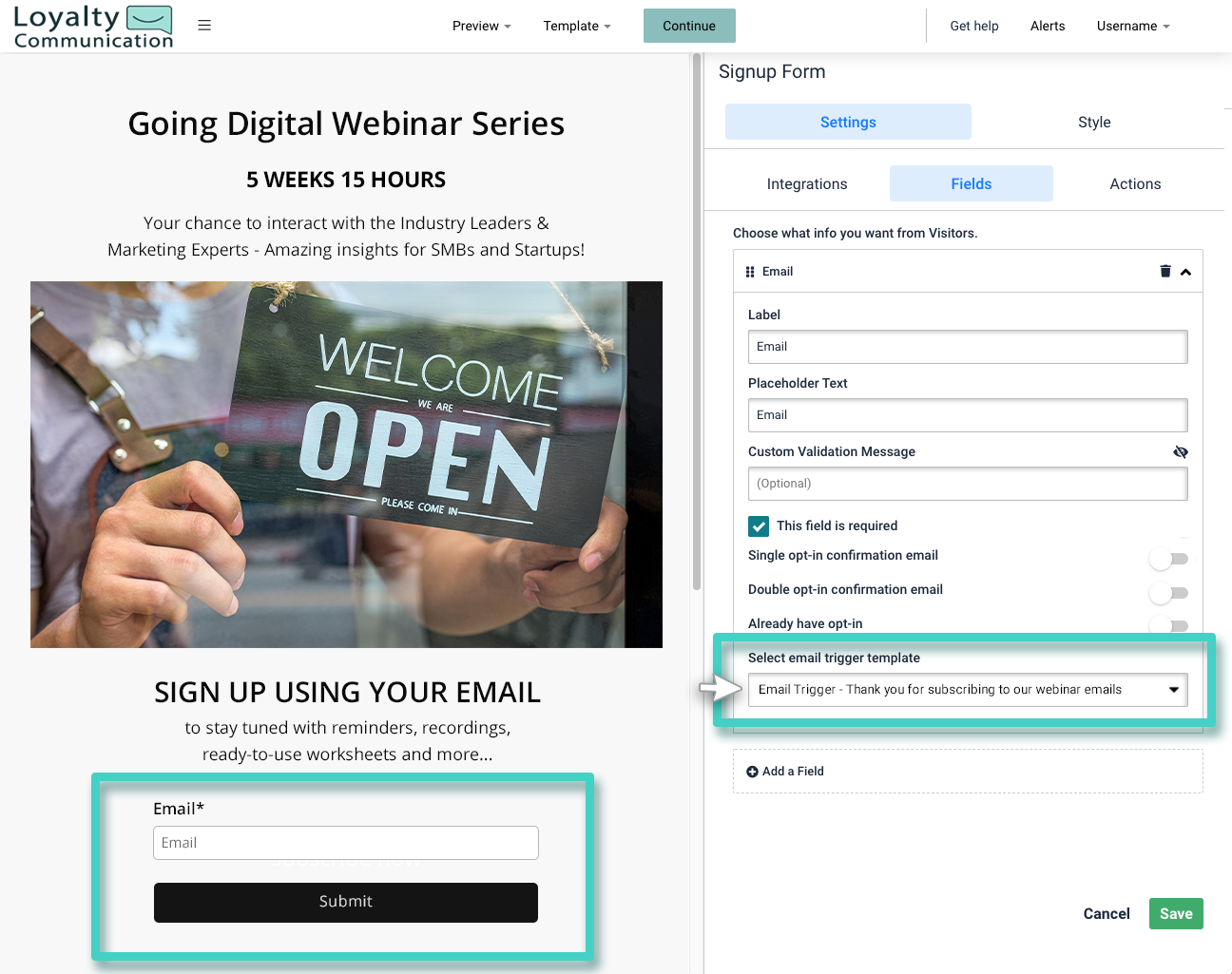 Email trigger template, landing page builder. Signup widget settings, select trigger template
