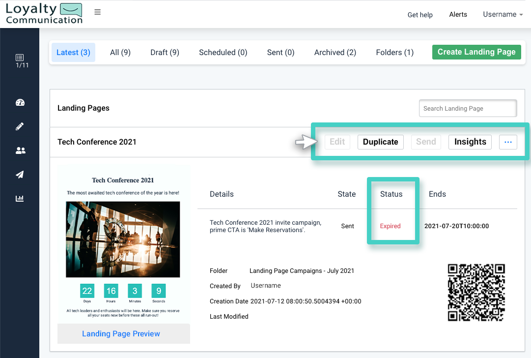 Landing page expired status Landing page creations, landing page activation status is expired