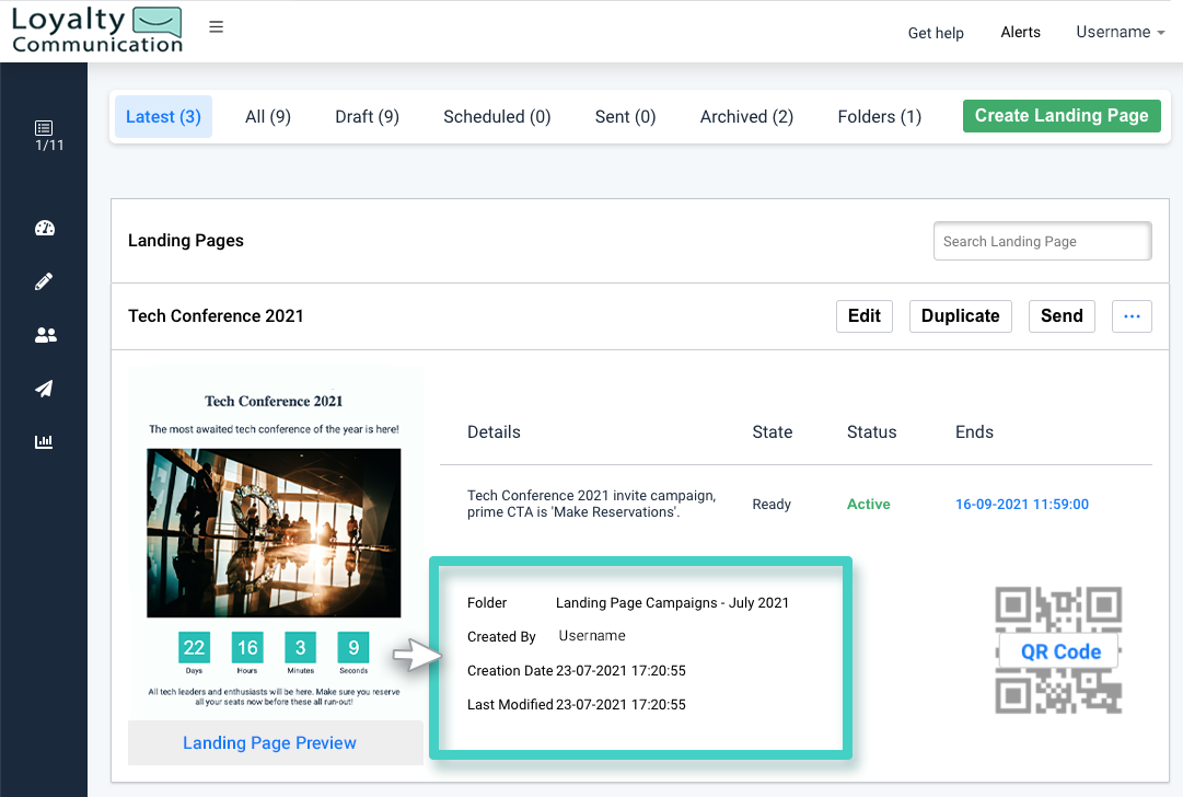 Landing page folder creation date Landing page creations, landing page meta data is highlighted