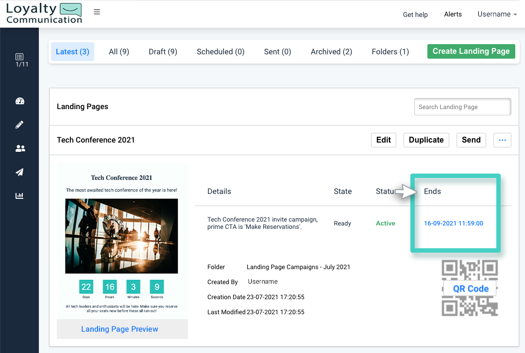 Landing page inactivation date Landing page creations, landing page end date and time is highlighted