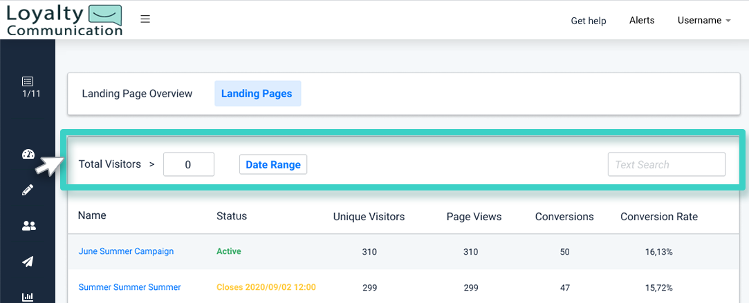 Landing page insights, filter with visitors, date range and text search