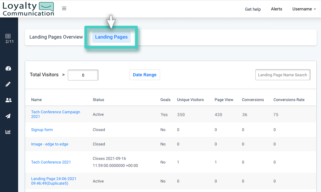 Landing pages goal, status, unique visitors, page view, conversions and conversion revenue