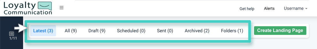 Landing page manager filters Landing page manager overview. The filter section is highlighted