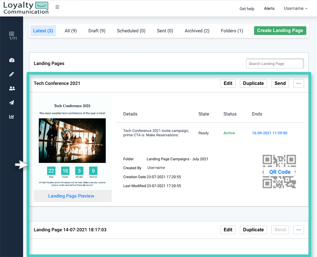 Landing page manager listing Landing page listing. Create, edit, duplicate, archive, activate